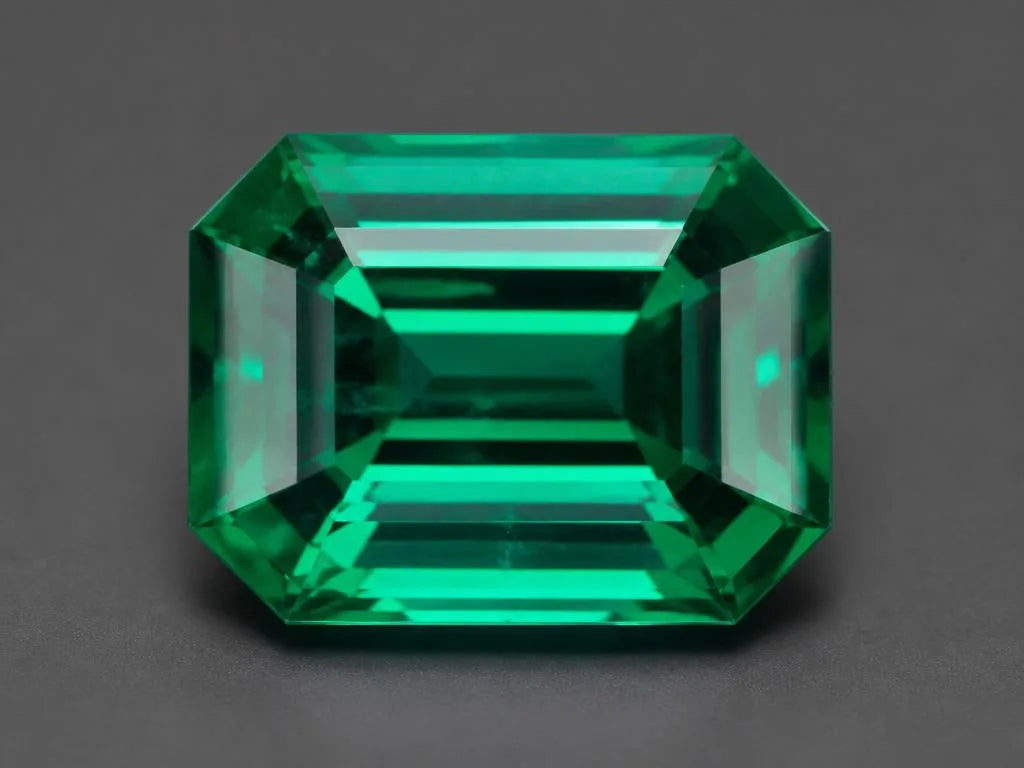 Émeraude naturelle taillée en taille émeraude octogonale montrant les facettes et la couleur verte saturée