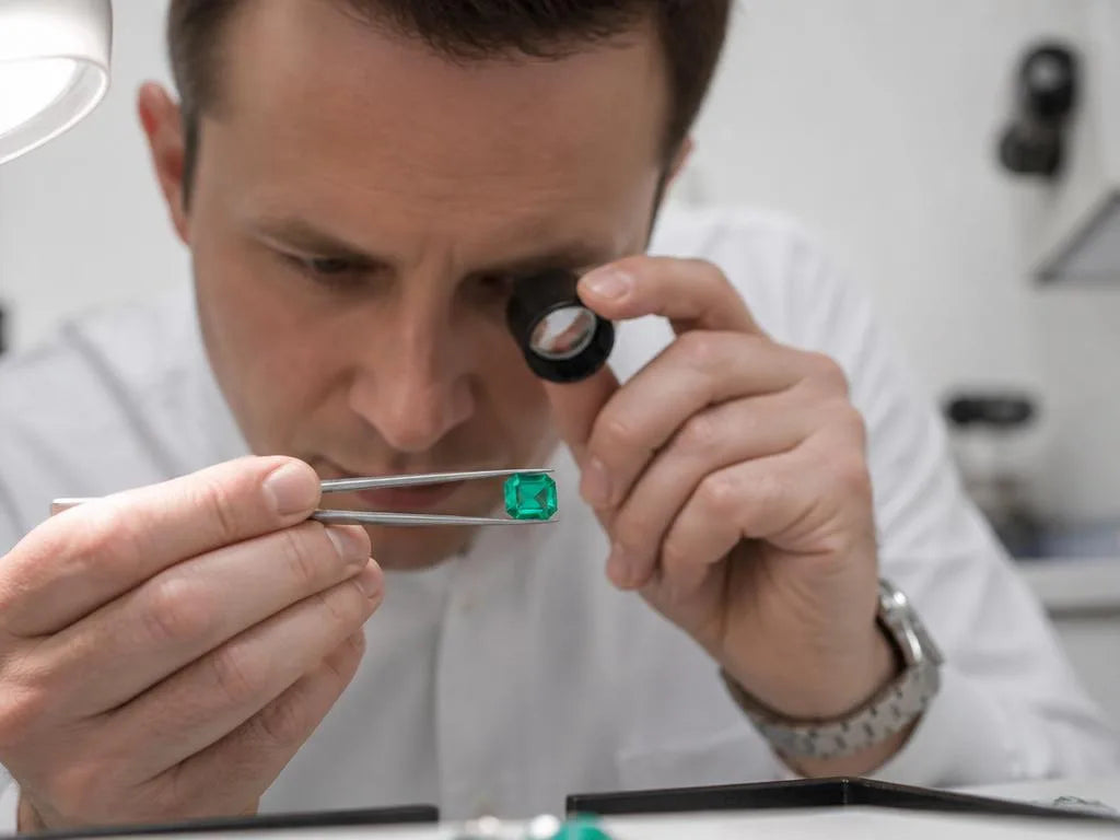Gemmologue professionnel examinant une émeraude naturelle taillée à la loupe et à la pince en laboratoire