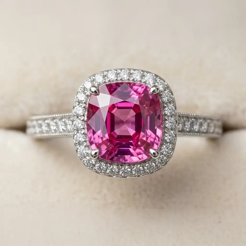 Bague saphir rose naturel taille coussin serti d'un entourage de diamants en or blanc
