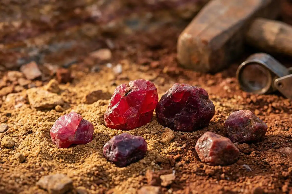 Rubis bruts de différentes origines et teintes variées de rouge