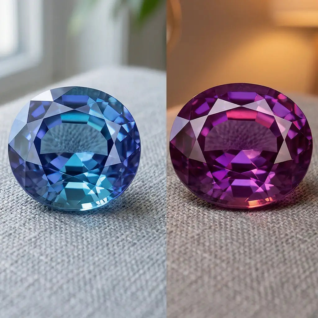 Saphir à changement de couleur bleu-violet en lumière du jour et violet-pourpre en lumière incandescente
