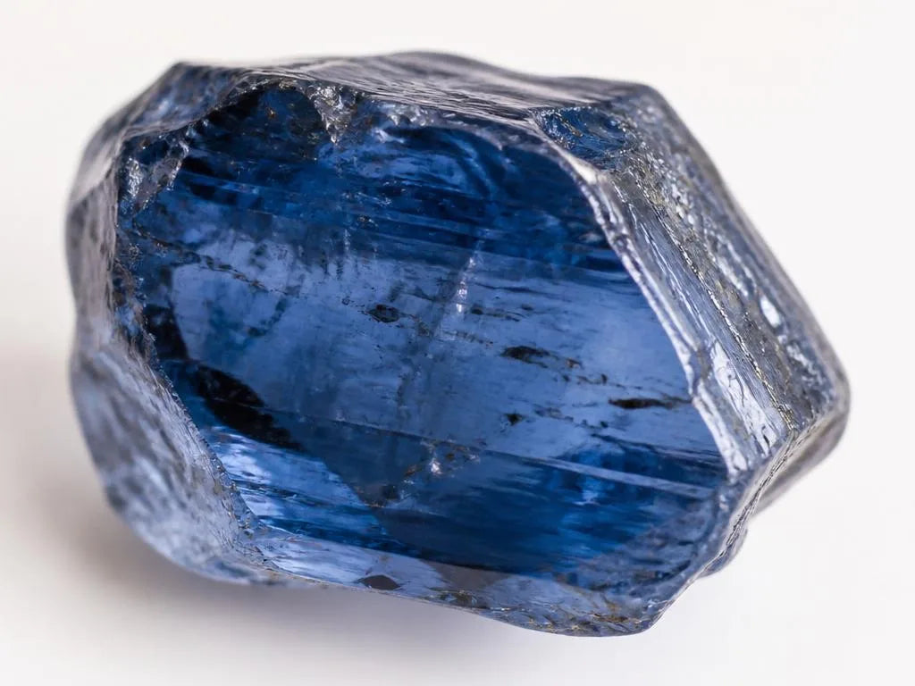 Cristal de saphir brut bleu naturel montrant des inclusions caractéristiques avant traitement thermique