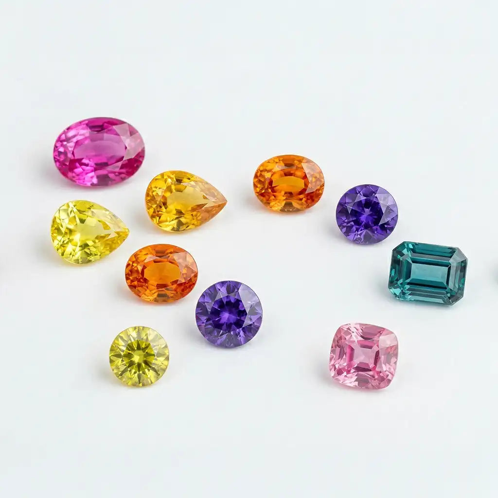 Composition de saphirs de couleur varies rose jaune orange violet teal sur fond blanc