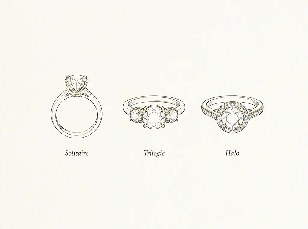Illustration des trois types de bague de fiançailles : solitaire, trilogie et halo