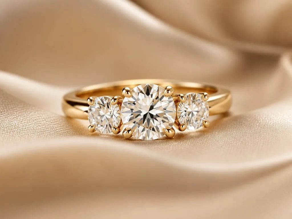 Bague de fiançailles trilogie en or jaune 18 carats, trois diamants ronds, la pierre centrale plus grande