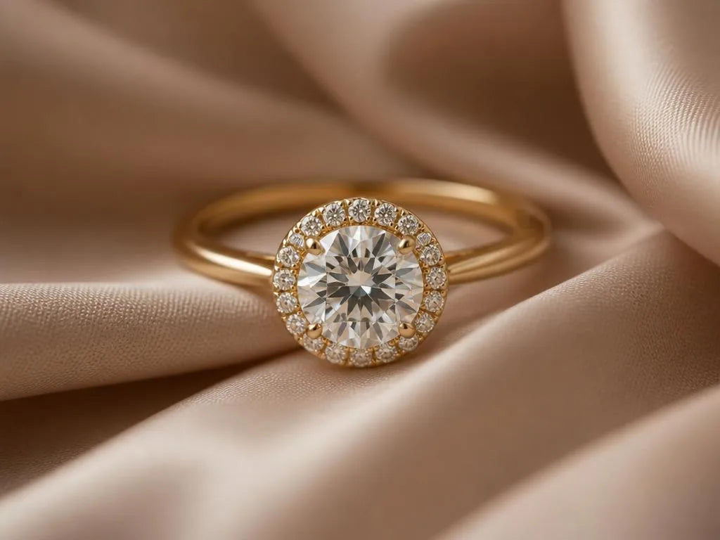 Bague de fiançailles halo en or jaune 18 carats, diamant central entouré d'un cercle de petits diamants