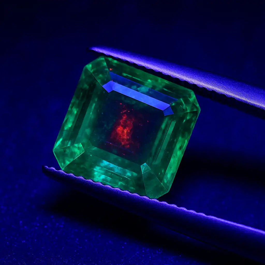 Test de fluorescence UV sur une émeraude naturelle sous lampe ultraviolette 365nm