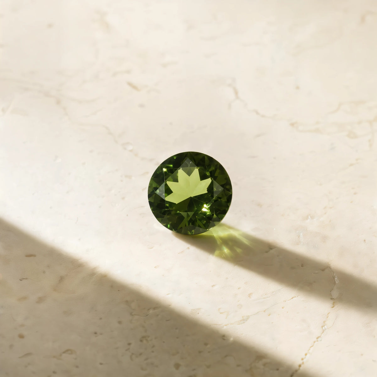Diamant vert taille brillant, pierre seule sur travertin