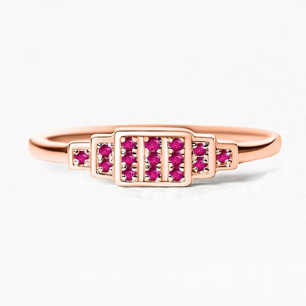 Anillo geométrico Brami XL de oro rosa engastado con rubíes