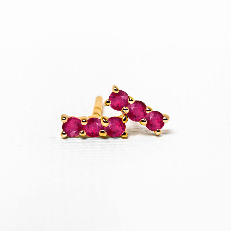 Tina earrings with two rows of three raspberry rubies in gold vermeil