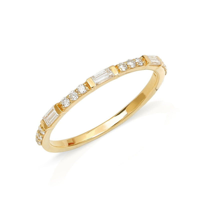 Yellow gold semi eternity baguette and round diamond ring