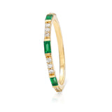 Yellow gold semi eternity emerald baguette and round diamond ring