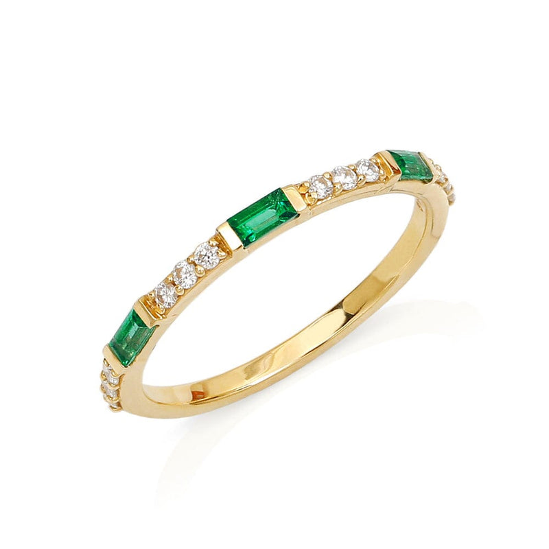 Yellow gold semi eternity emerald baguette and round diamond ring