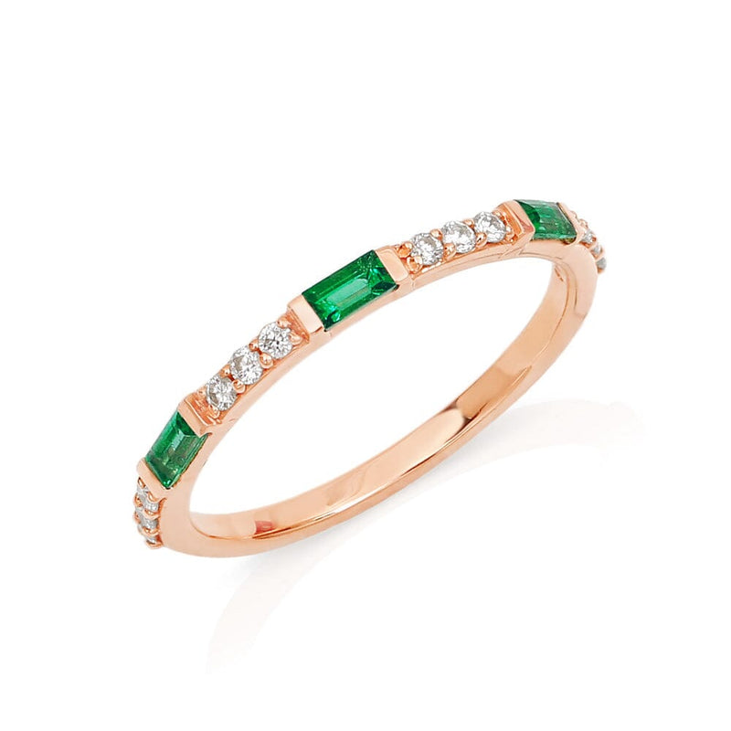 Semi eternity ring baguette emerald and round diamonds in rose gold 18cts