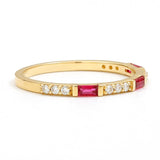 Moksha eternity baguette diamond and ruby ring in yellow gold