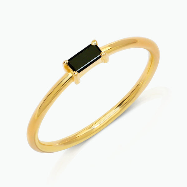 anillo solitario de diamante baguette negro en oro amarillo