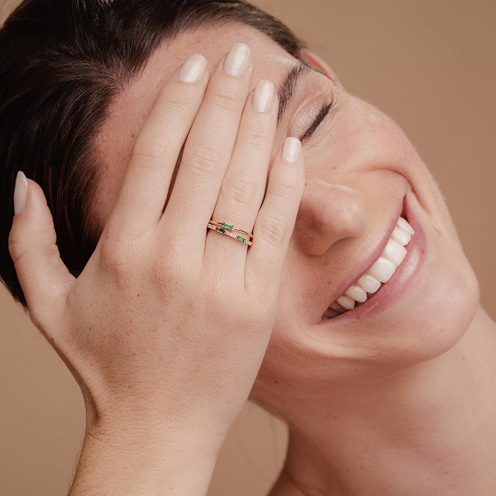 shanti emerald ring and moksha emerald diamond ring