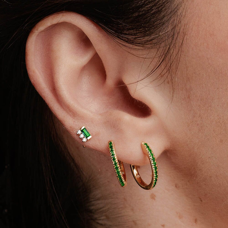 emerald hoops and Prana baguette emerald and diamond earrings