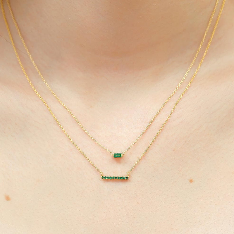 ujala emerald bar necklace with shanti emerald baguette necklace