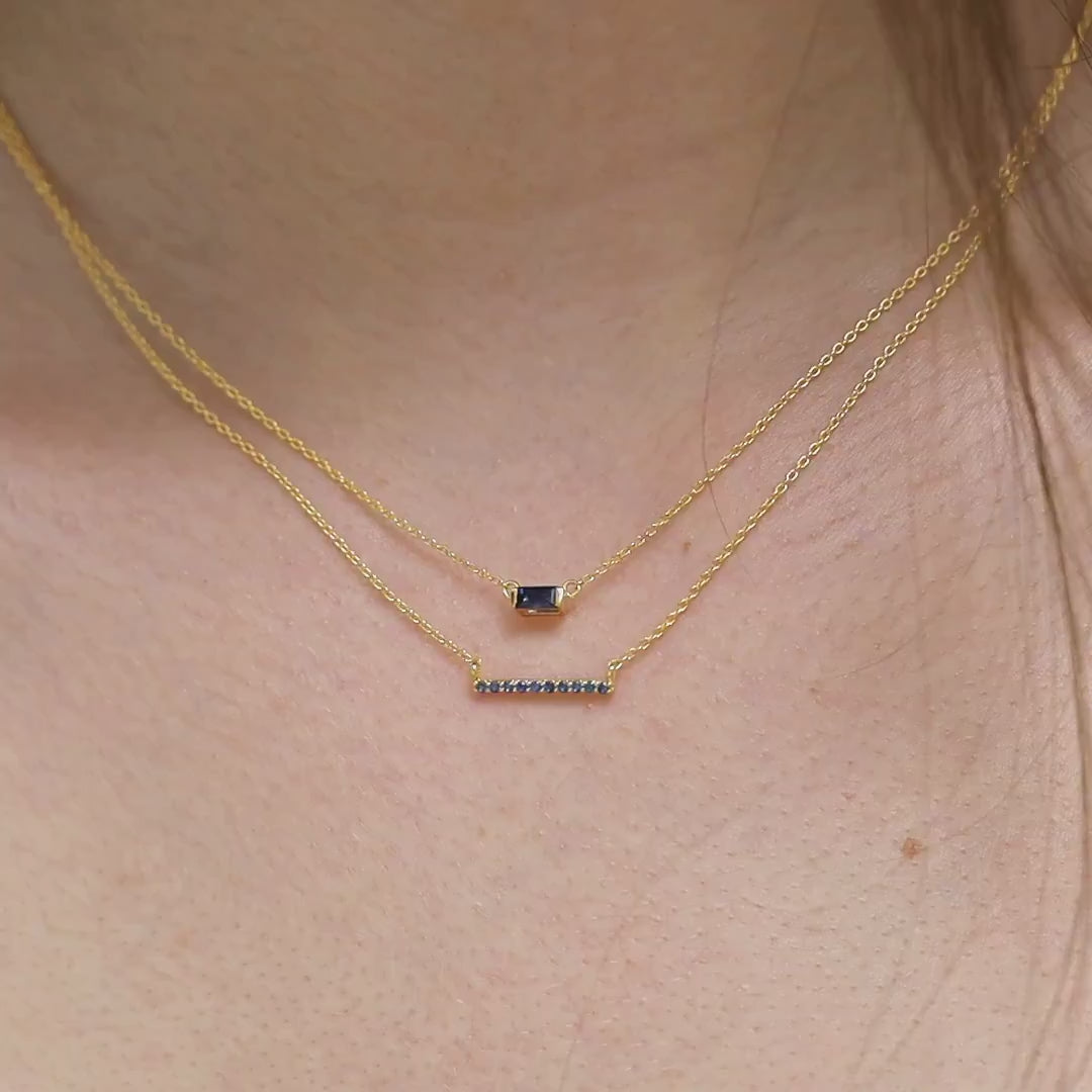 combination sapphire long bar necklace and sapphire baguette necklace