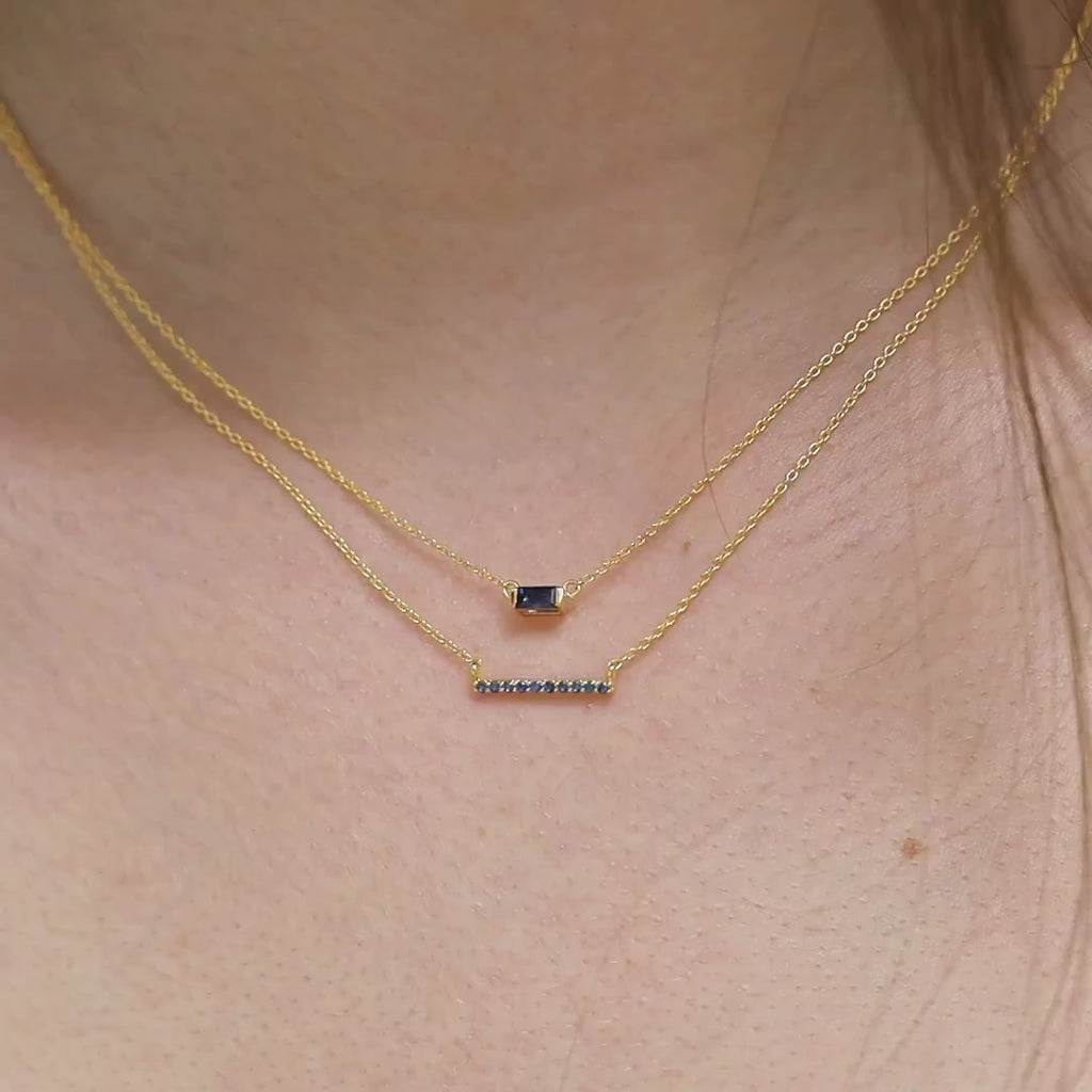 combination sapphire long bar necklace and sapphire baguette necklace